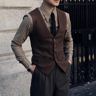 美式 收腰显瘦马甲羊毛呢绅士背心男V领咔叽商务秋 复古人字呢修身