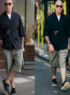 NICK wooster经典复古宽松嘻哈双褶阔腿休闲短西裤男5分大码夏潮