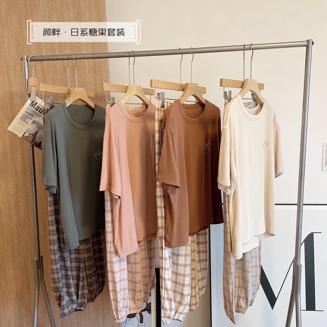 睡衣女夏天日系糖果格子裤短袖长裤凉感休闲外穿空调房家居服套装