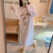 秋冬款 过膝睡裙法兰绒加厚保暖珊瑚绒连衣裙网红KT猫咪家居服 长袖