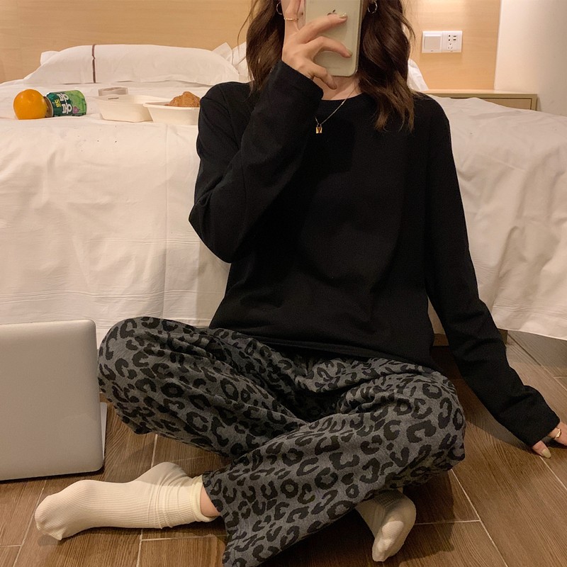 日系睡衣女春秋季纯棉长袖宽松网红风豹纹秋冬天学生两件套家居服