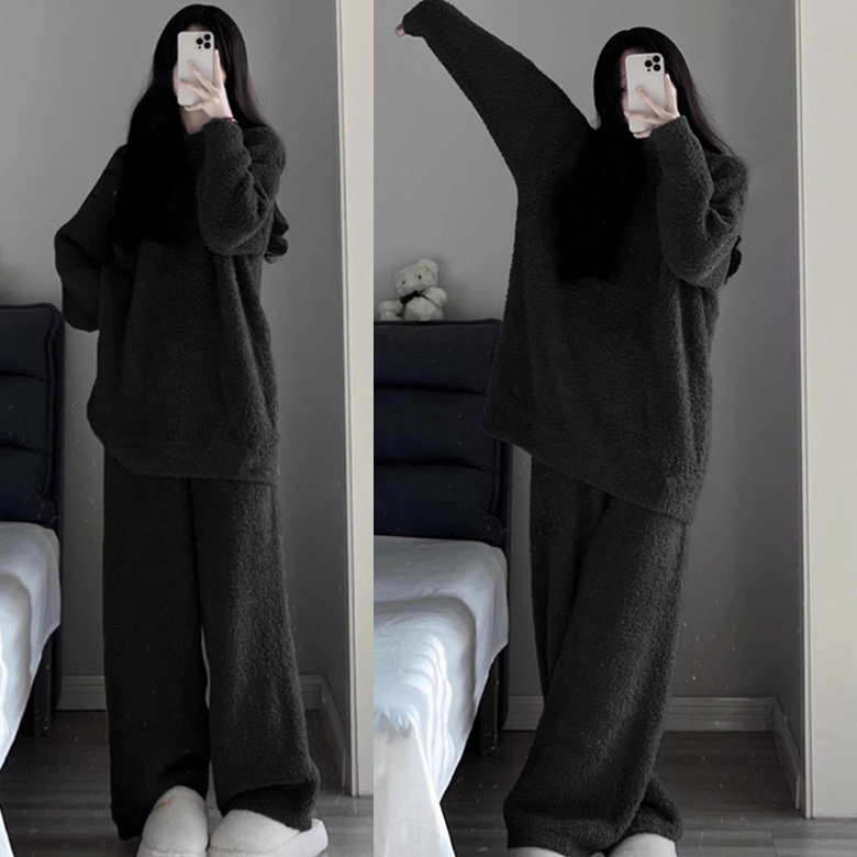加厚黑色毛绒绒睡衣女冬季珊瑚绒可外穿学生网红风半边绒家居服套 - 小美家睡衣出品