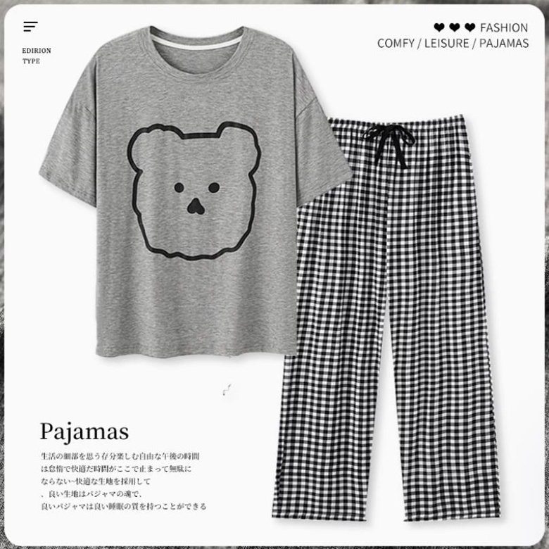笔线小熊睡衣女棉外穿夏季短袖长裤网红大码韩版学生家居服休闲套