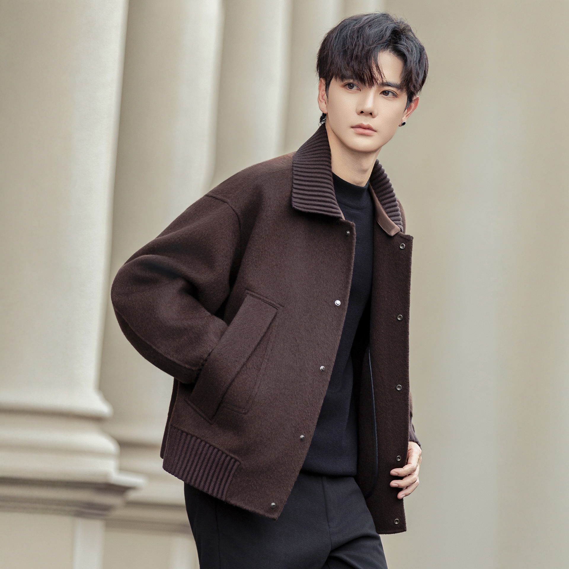 高端羊毛呢外套男双面绒加厚夹克