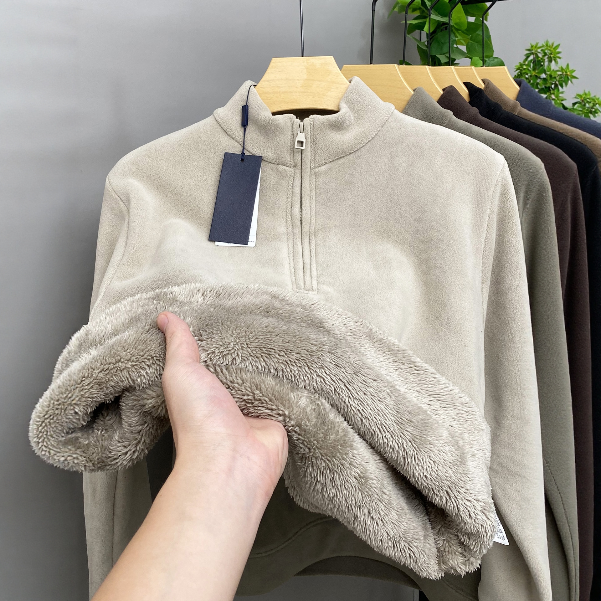 高端加绒加厚半拉链立领卫衣男
