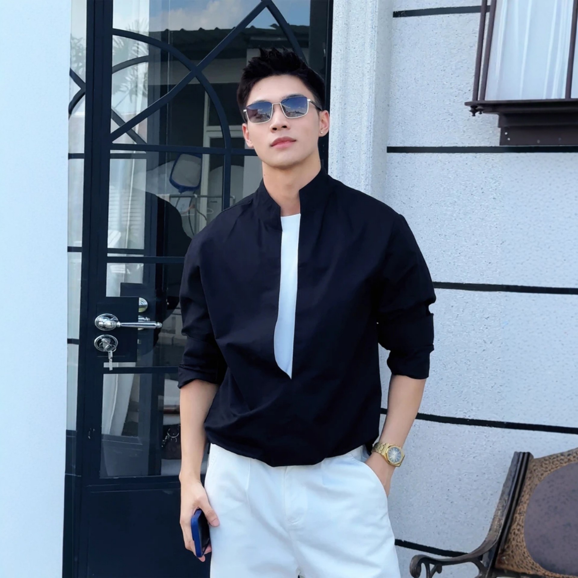 高端黑色假两件长袖衬衫男款春秋