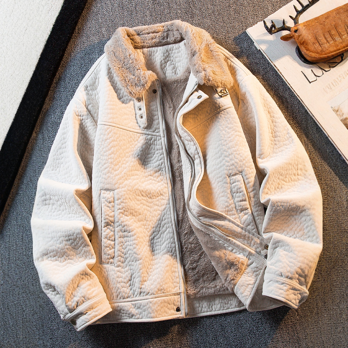 高端麂皮绒毛领棉服男秋冬2025新款加绒加厚棉衣皮毛一体外套夹克