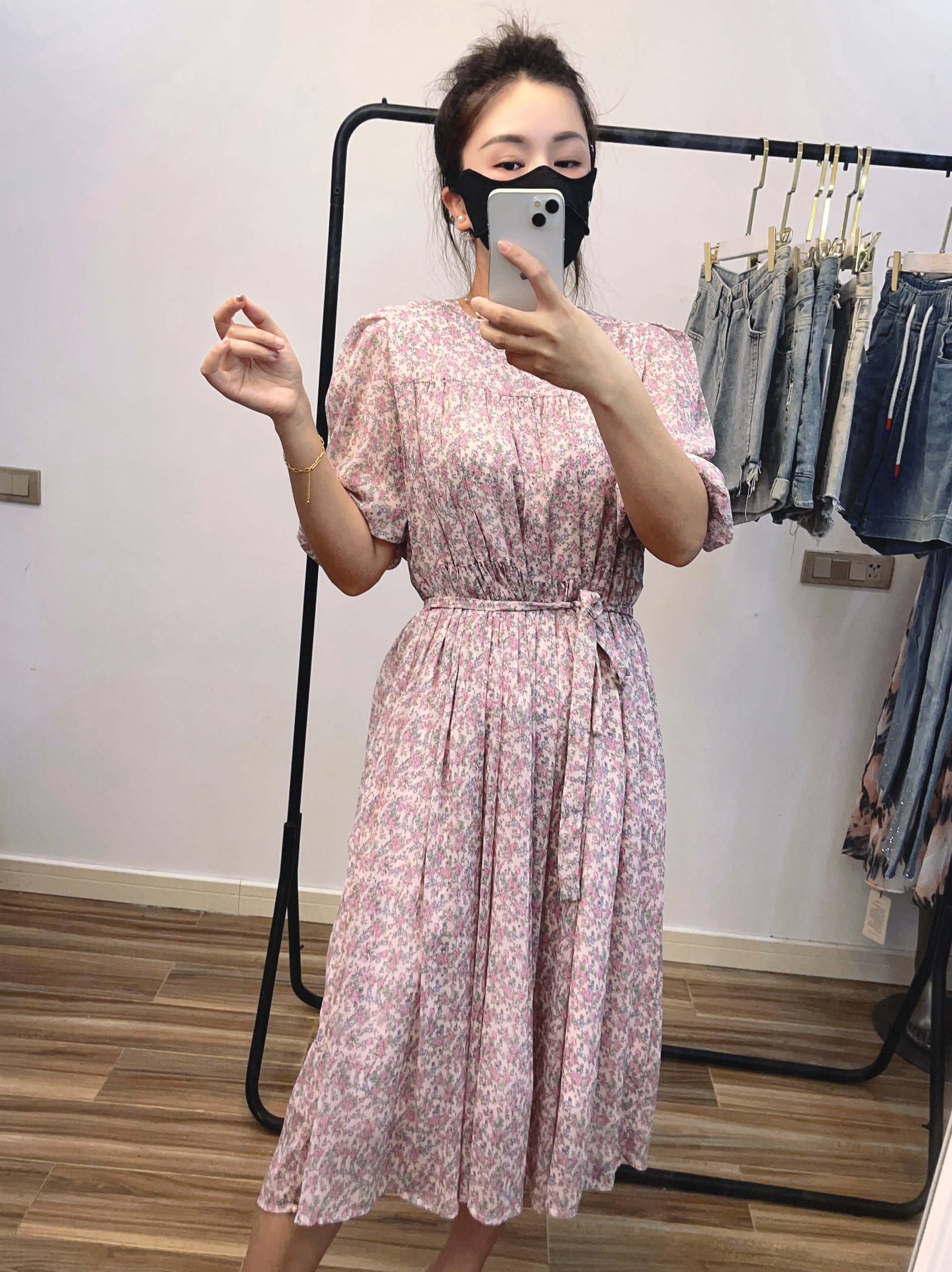 MIUSU 2024夏装新品 韩版复古碎花 短袖茶歇雪纺印花连衣裙长裙女