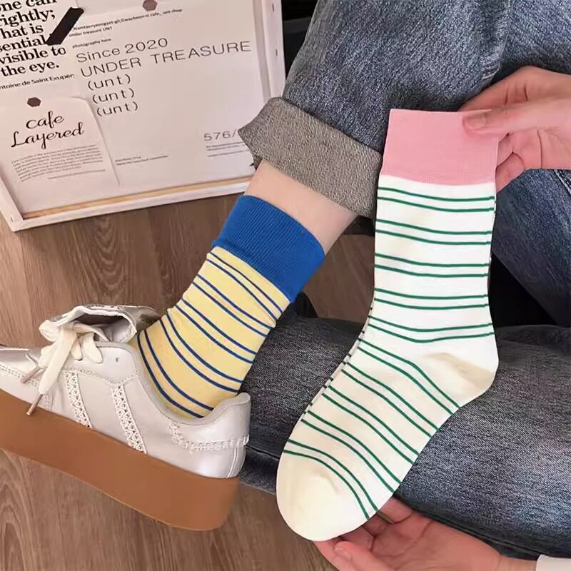 诸暨撞色条纹袜子女夏季多巴胺网运动袜