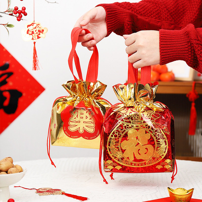 新年春节抽绳束口袋子福袋礼品包装手提覆膜无纺布伴手礼中国风