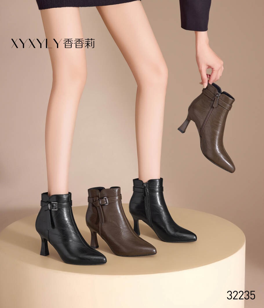 香香莉女鞋2025冬季新款加绒32235细跟中跟短靴女靴侧拉链时装靴