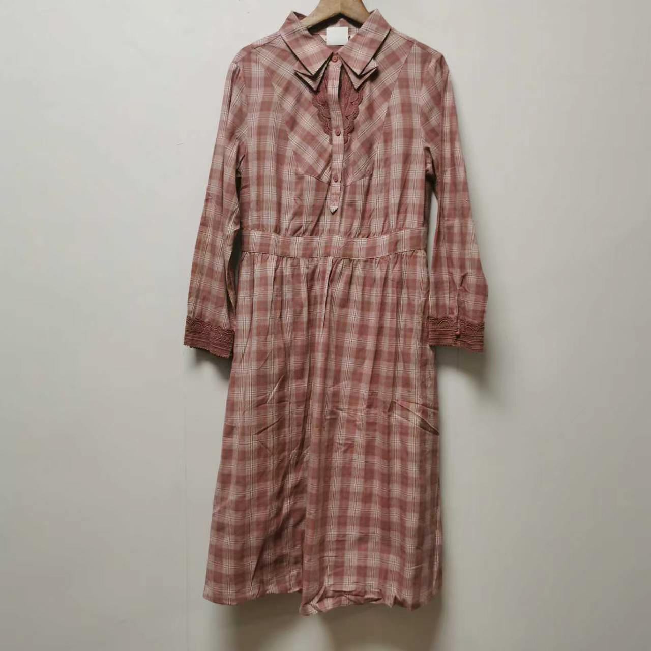 【艺】系列去标撤柜女装春秋时尚百搭格子棉质田园长款连衣裙L061
