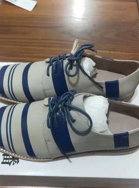 B撤柜夜蓝色条纹皮鞋牛皮革春秋款女鞋瑕疵染色串色小脏亏清