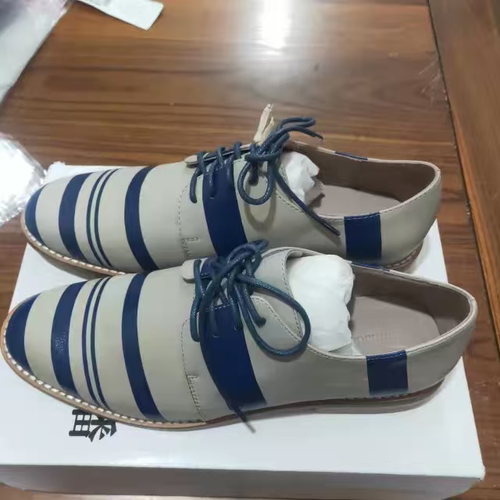 B撤柜夜蓝色条纹皮鞋牛皮革春秋款女鞋瑕疵染色串色小脏亏清