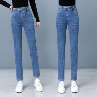 2026春季中年妈妈小脚牛仔裤女士新款高腰显瘦弹力松紧腰铅笔裤