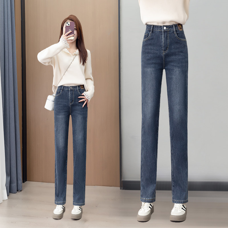 2025秋冬季新款单裤加绒加厚直筒牛仔裤女高腰显瘦弹力窄版直筒裤