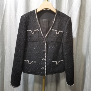 小香风V领口重工钉珠袋编织料长袖外套