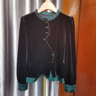 拼接撞色时尚 丝绒衬衫 早秋新款 丝绒小衫 上衣 女士长袖