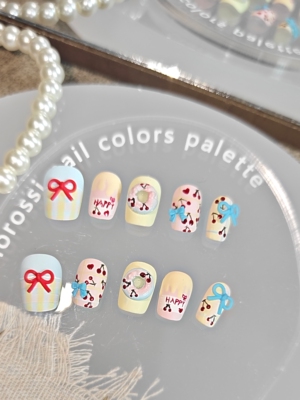 新品 纯手绘复古樱桃甜甜圈格纹穿戴甲短芭蕾甜美风 日常