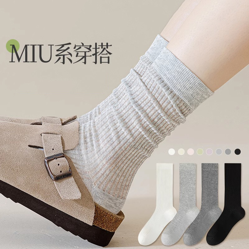 灰色堆堆袜子女夏季薄款中筒搭配老爹鞋纯棉miu系芭蕾风白色长袜