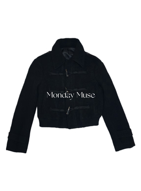 自有工厂/可比对/宅女同款黑色短款上衣韩系学院牛角扣呢子短外套