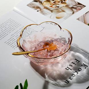 爱心梅花形金边玻璃甜品碗银耳羹汤盅家用小精致燕窝碗带勺糖水碗