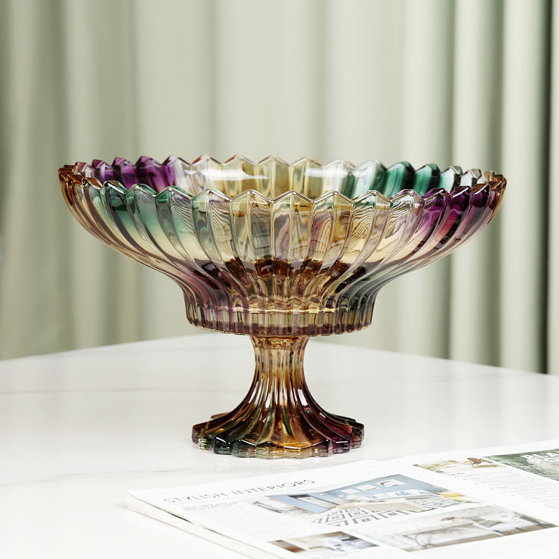 高颜值创意彩色水晶玻璃高脚水果盘轻奢客厅糖果干果摆放大号果盆