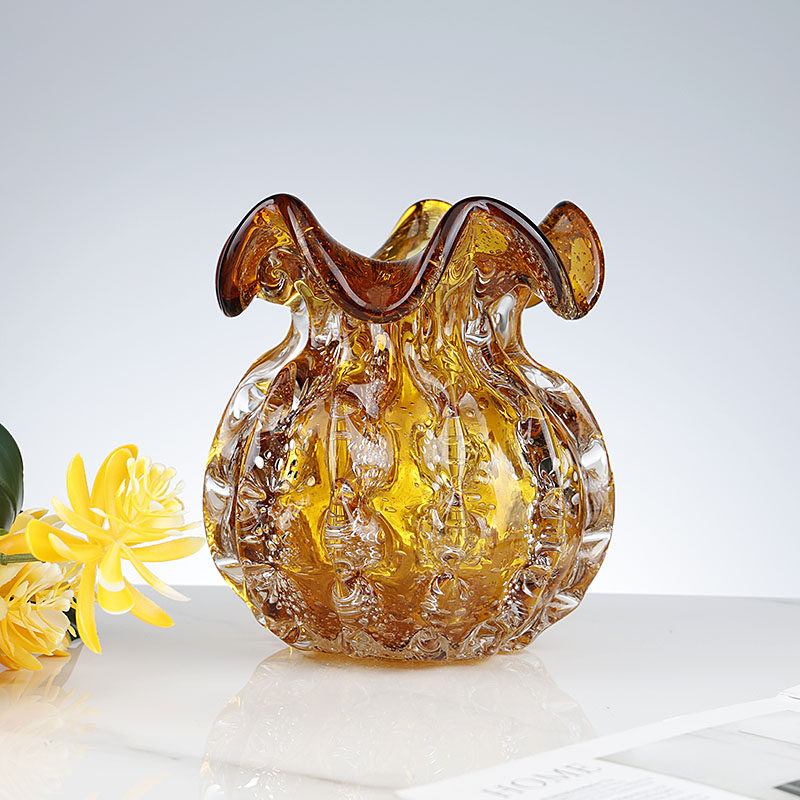 轻奢琥珀色琉璃福袋花瓶艺术插花器摆件客厅玄关创意新居装饰