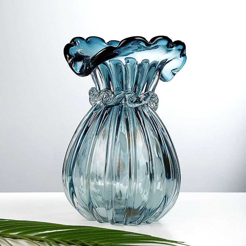 轻奢蓝色浪花琉璃花瓶客厅玄关摆放钱袋子创意花器感插花摆件