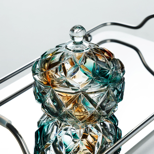 轻奢菱格翡翠金水晶玻璃糖果罐大小号带盖糖缸零食收纳储物罐摆件