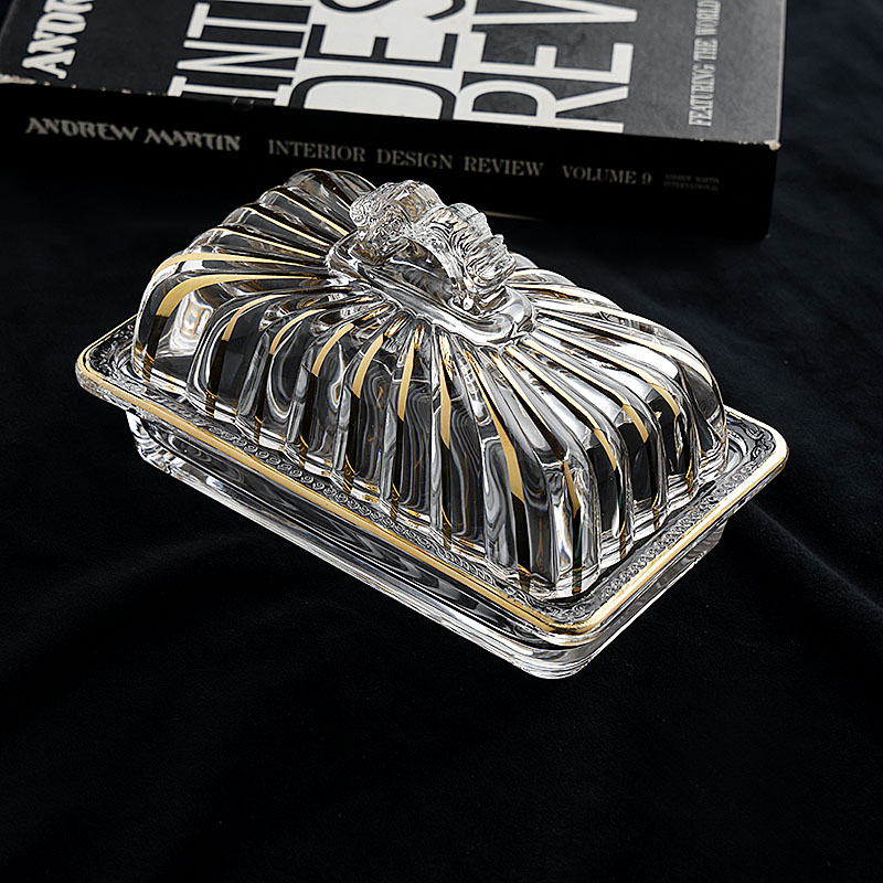 精致描金水晶玻璃糖果罐长形玻璃罩带盖芝士黄油盒储物罐甜点蛋糕