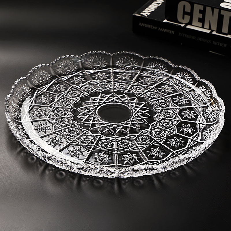 浮雕水晶玻璃水果盘客厅酒店用透明大水果切盘自助餐展示拼盘