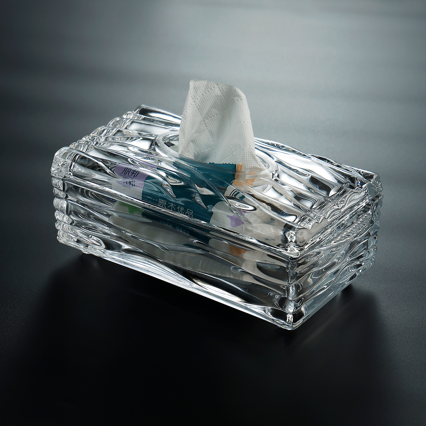 透明玻璃纸巾盒海浪纹轻奢家用办公室抽纸盒桌面餐巾纸收纳盒摆件