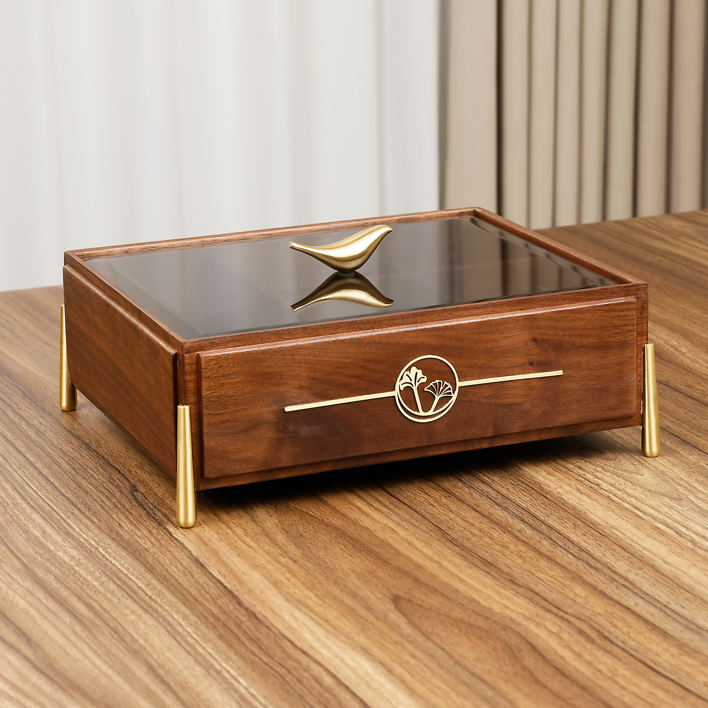 新中式胡桃色实木分格干果盘过年家用客厅密封茶点零食坚果收纳盒