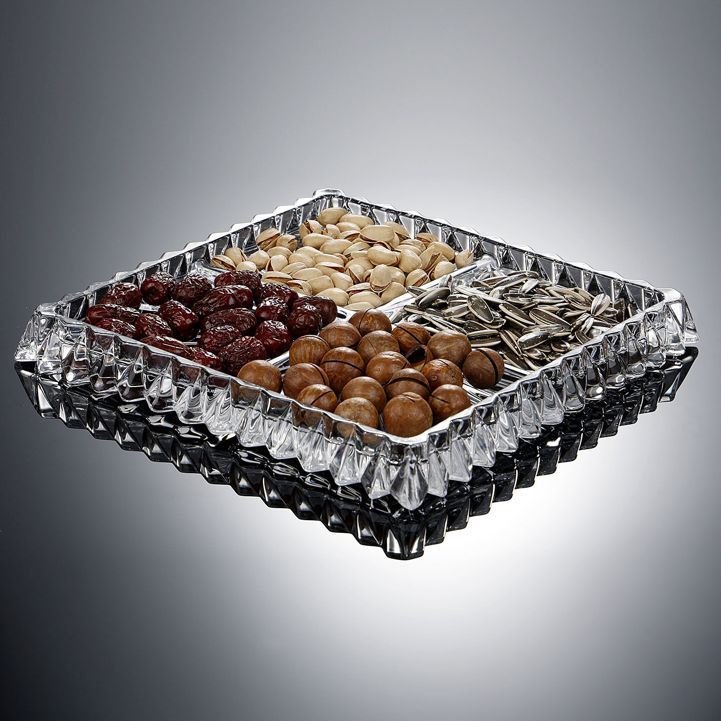 创意透明玻璃分格干果盘方形客厅茶几零食拼盘水果盘糖果点心托盘