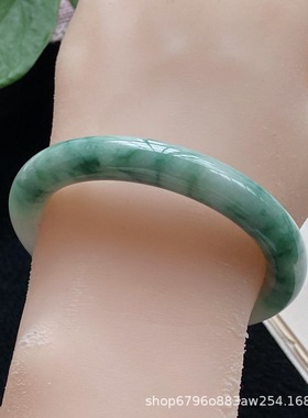 新缅甸翡翠货飘阳绿白底青双彩宽边正装贵妃圆条平安手镯玉石女款