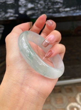 缅甸翡翠冰种5A翡翠色飘花正圈玉手镯老坑料淡绿色玉镯子礼物手镯