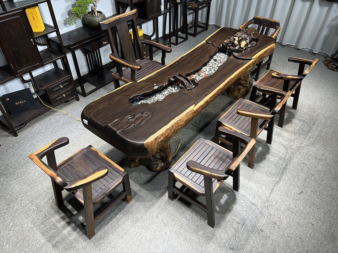 2-3米6长非洲黑檀木流水茶桌茶台家用客厅办公室中式高档雕刻定制