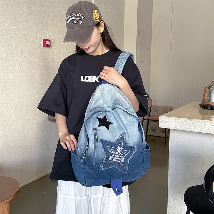自制款千禧亚渐变牛仔双肩包女大学生大容量古着感学生背包书包