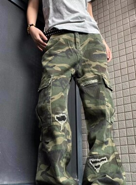 美式复古leanfit迷彩工装牛仔裤男女直筒假微喇垂感牛仔裤子