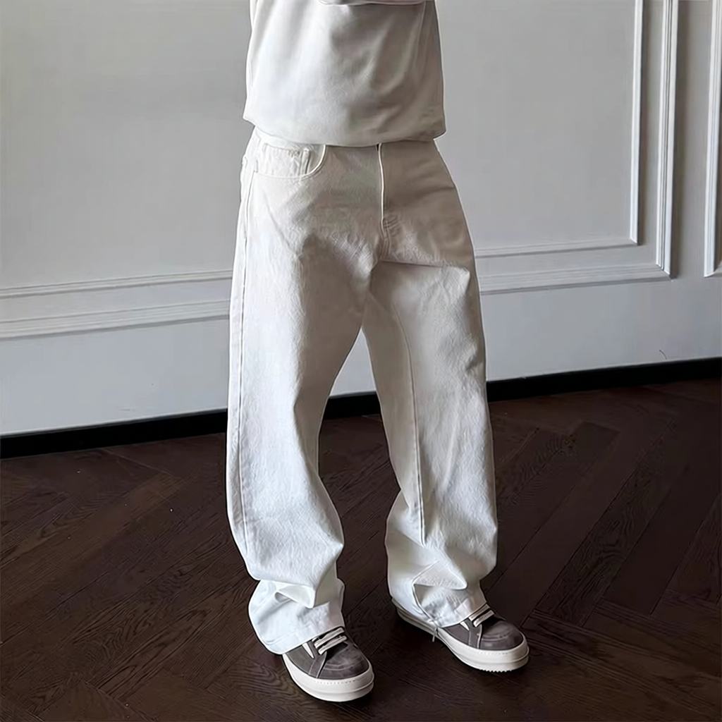leanfit白色直筒牛仔裤男款手缝针设计感裤子窄版修身微喇阔腿裤