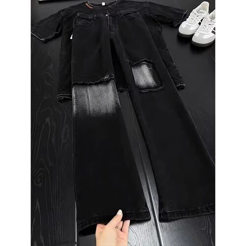 leanfit美式渐变补丁牛仔裤男款
