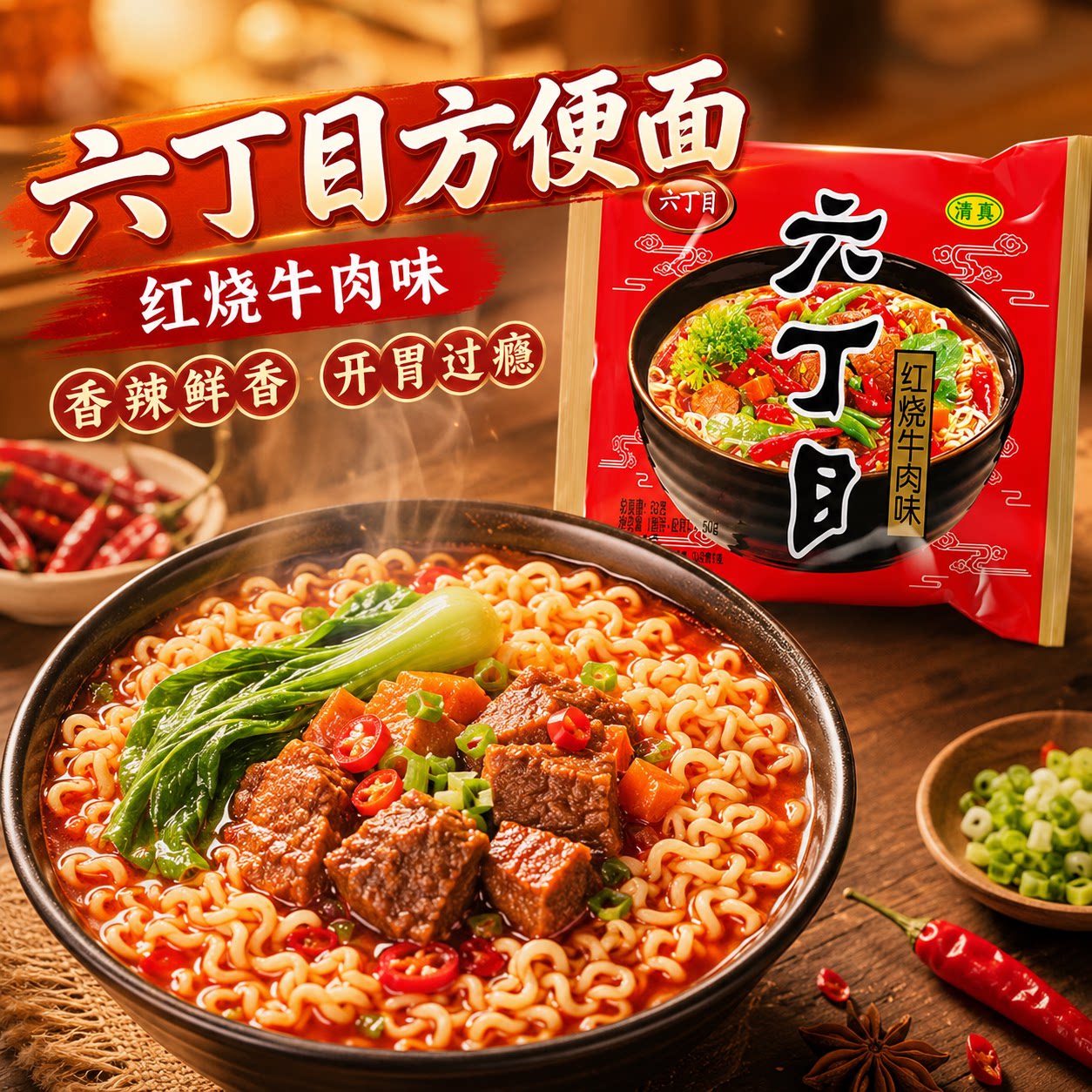 六丁目方便面红烧牛肉味小时候童年老式干脆面清真8090后怀旧零食