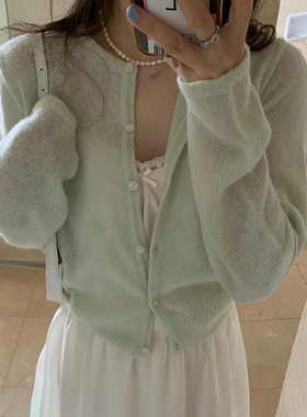 韩国百搭休闲后背蝴蝶结刺绣绿色长袖针织开衫小外套女新款