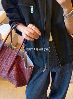 欧美流行双面使用Pinacoteca托特女包牛皮编织真皮手提单肩购物袋