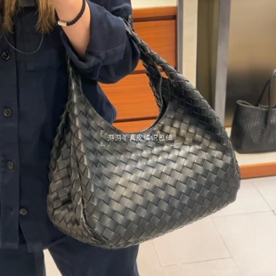 中古款法式慵懒真皮手提单肩女饺子包Campana大号小羊皮编织包袋