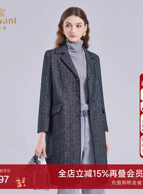乔万尼老钱风绵羊毛人字纹中长款毛呢外套女商务翻领大衣EI4A647