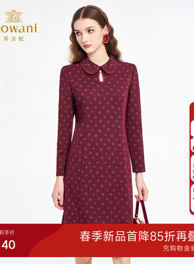 乔万尼复古风娃娃领红色印花连衣裙女长袖气质高级感裙子ED3E297