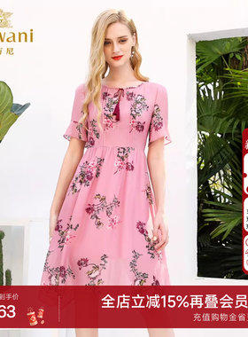 乔万尼商场新款夏流行真丝双绉印花高腰气质桑蚕丝连衣裙女中长款