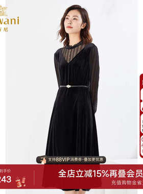 乔万尼秋装新品商场同款丝绒长袖连衣裙高级感重工蕾丝裙EI3E210